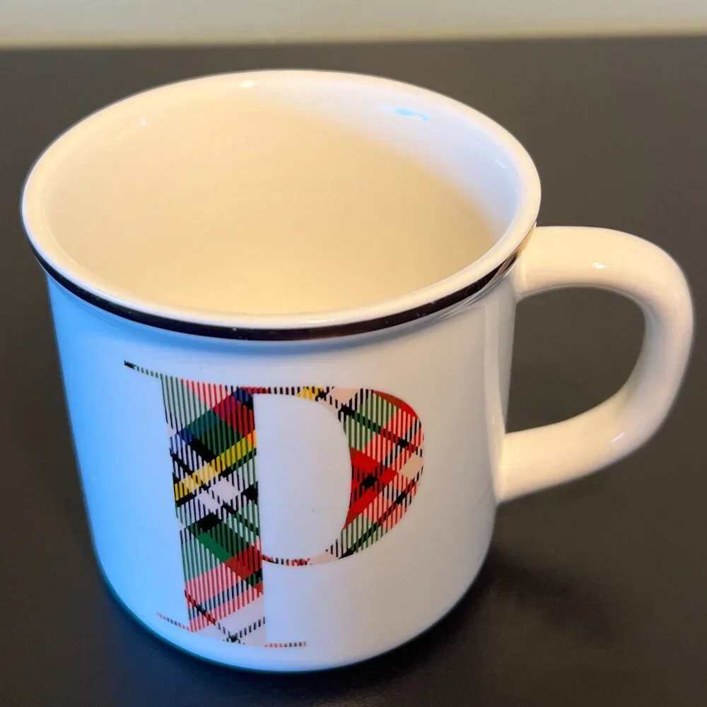 POTTERY BARN Scottish Tartan Plaid Letter P Monogram Initial Ceramic Coffee Mug